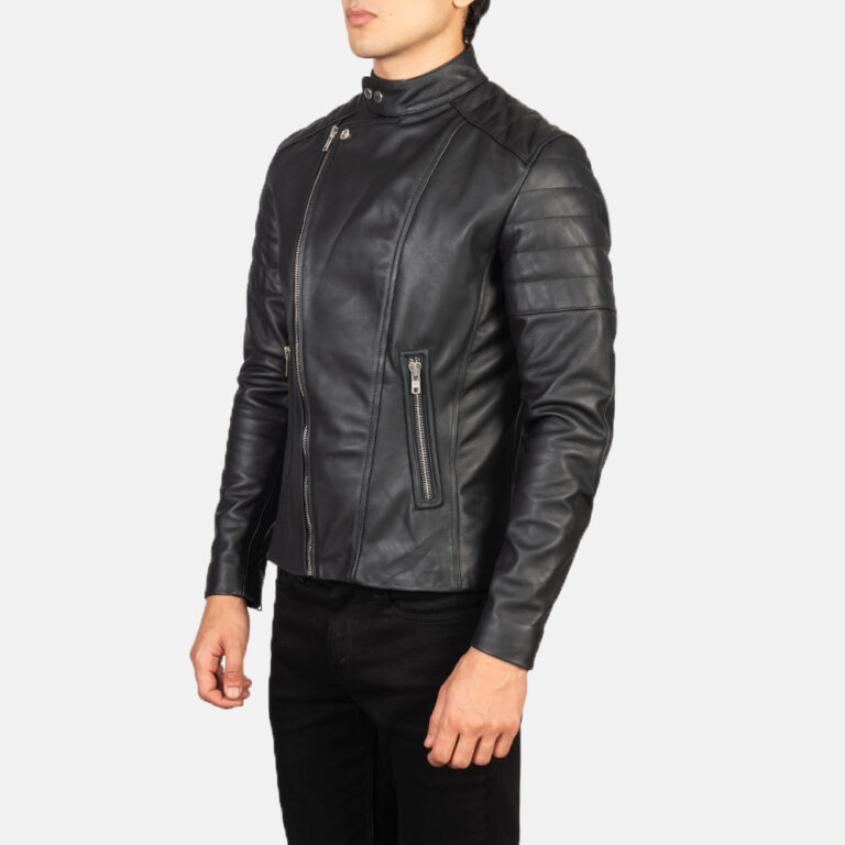 Mens Faisor Black Leather Biker Jacket Side Pose-3-1634137714153